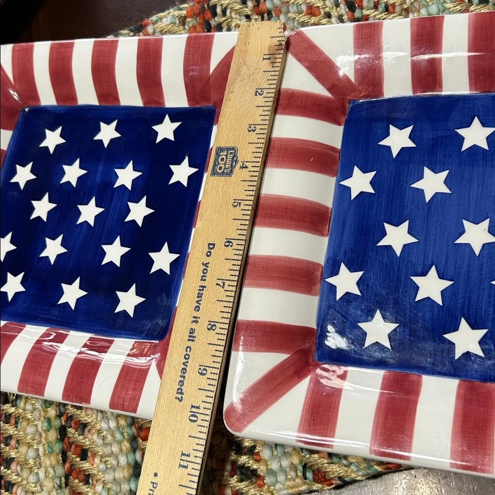 World Bazaars Inc Ceramic Hand Painted Red White Blue Plates Two Piece Bundle